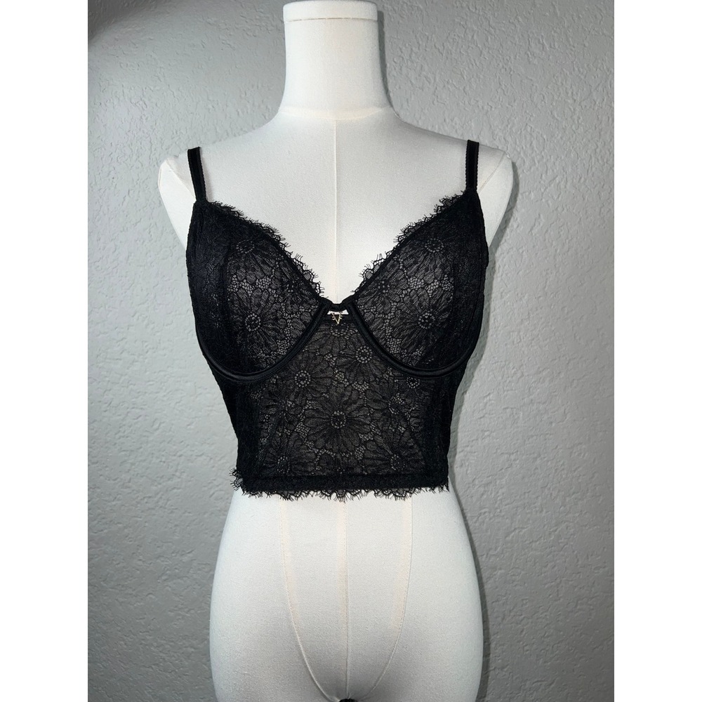 VS 36D Black Eyelash Floral Lace Underwire Longline Bra Bustier Corset